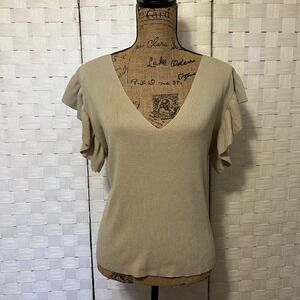 Ruffle‎ Sleeve Top V-Neck Knit Blouse Lightweight Pullover 1XL